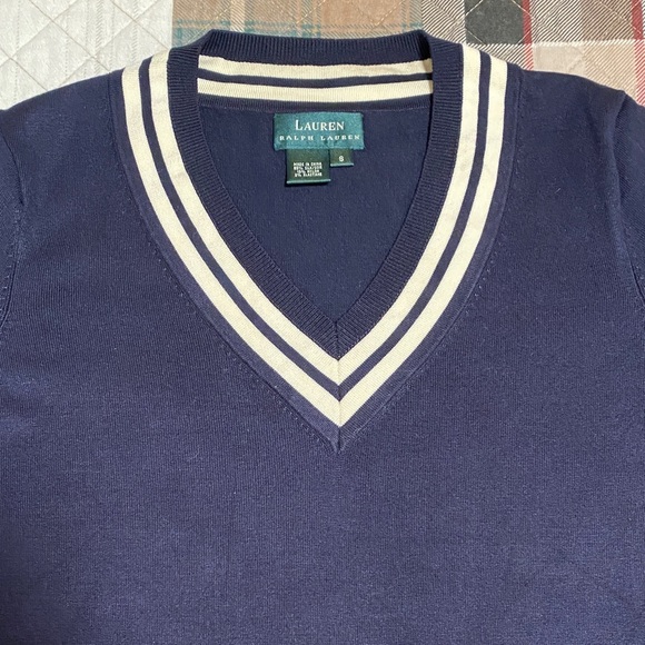 Vintage Lauren Ralph Lauren V-Neck Navy White Long Sleeve Women’s Sweater Silk S - Picture 3 of 8